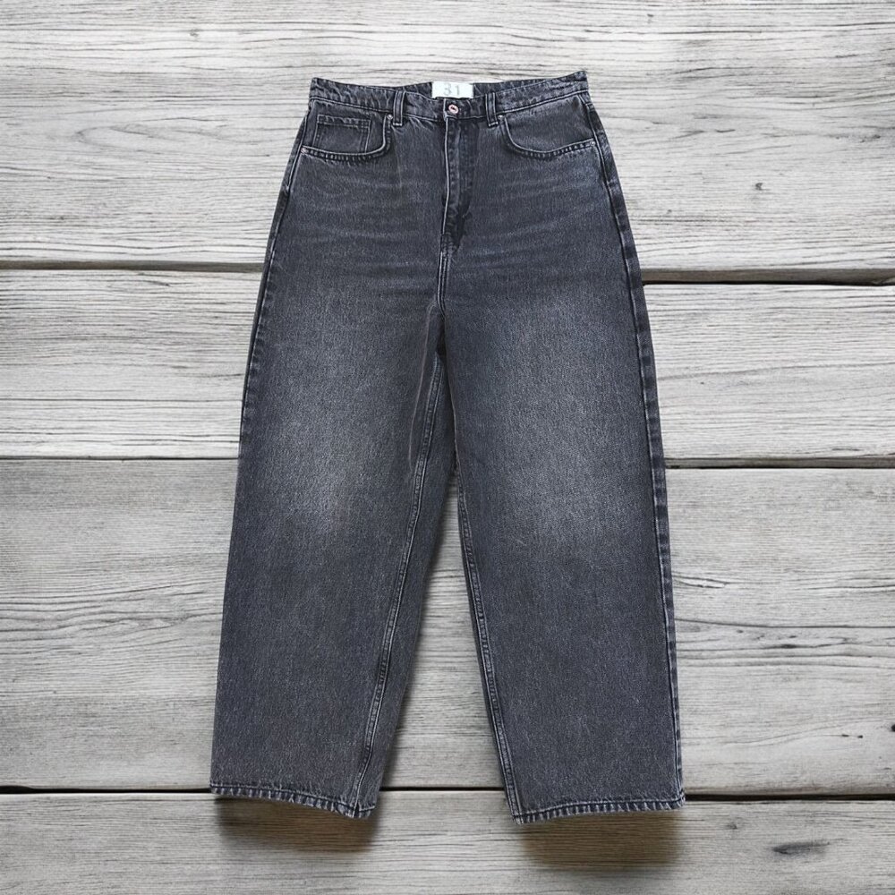 Free People We The Free Dad Jean Barrel Wide Leg Taper Black Wash Denim Size 31